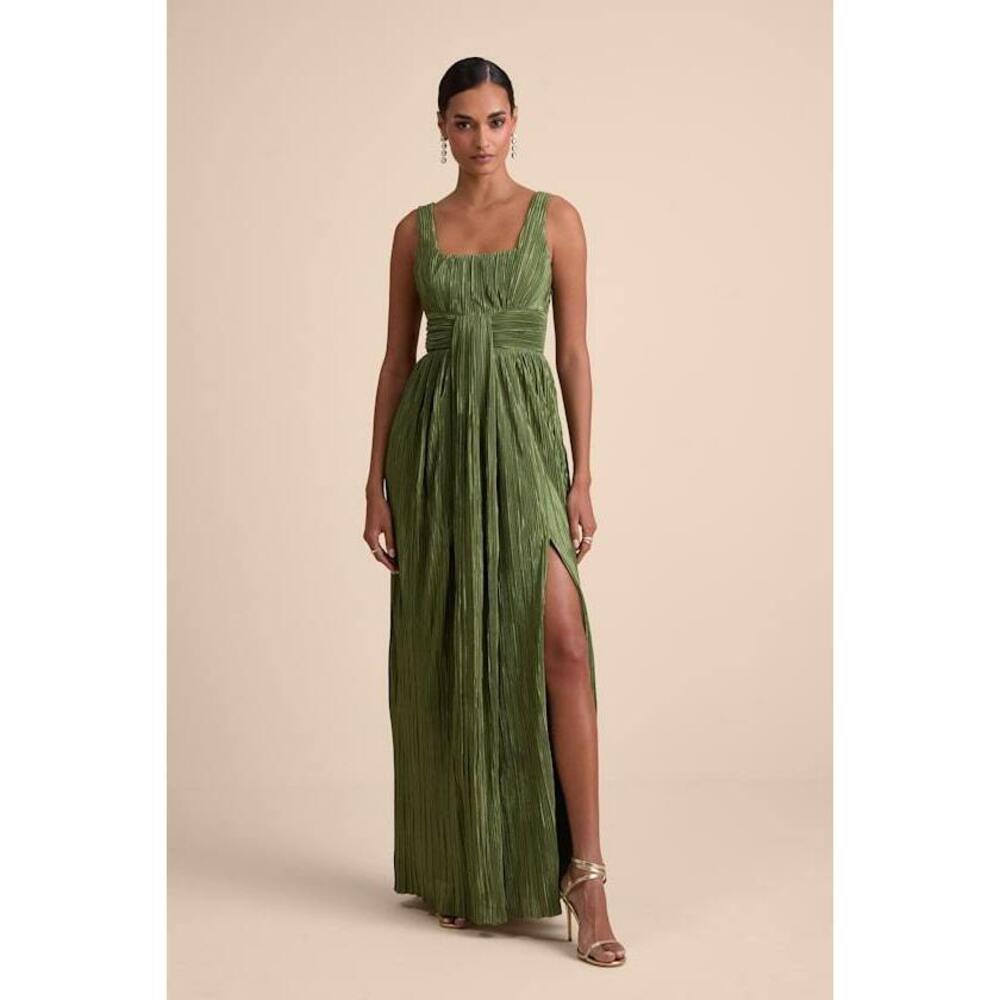 Lulus Ameena Olive Green Plisse Square Neck Sash Maxi Dress - Size L